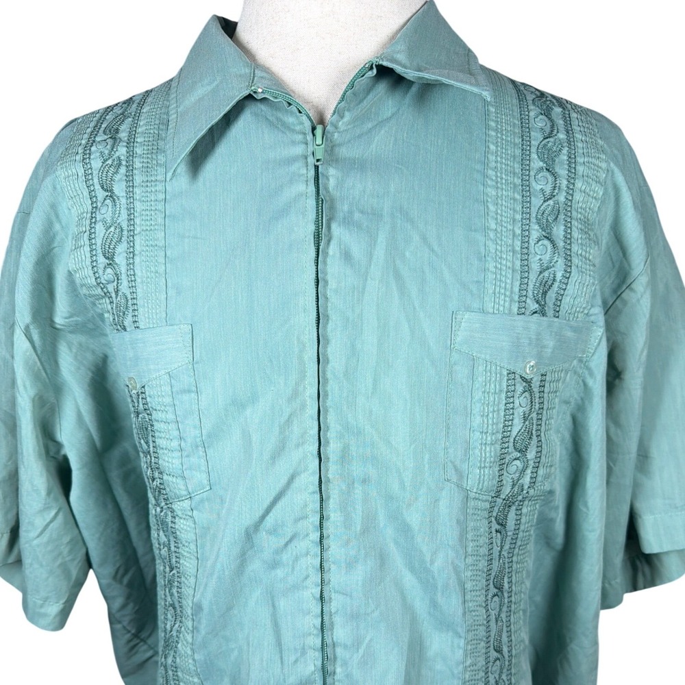 Haband Mens Guayabera Shirt Teal Short Sleeve Full Zip Embroidered 2XL